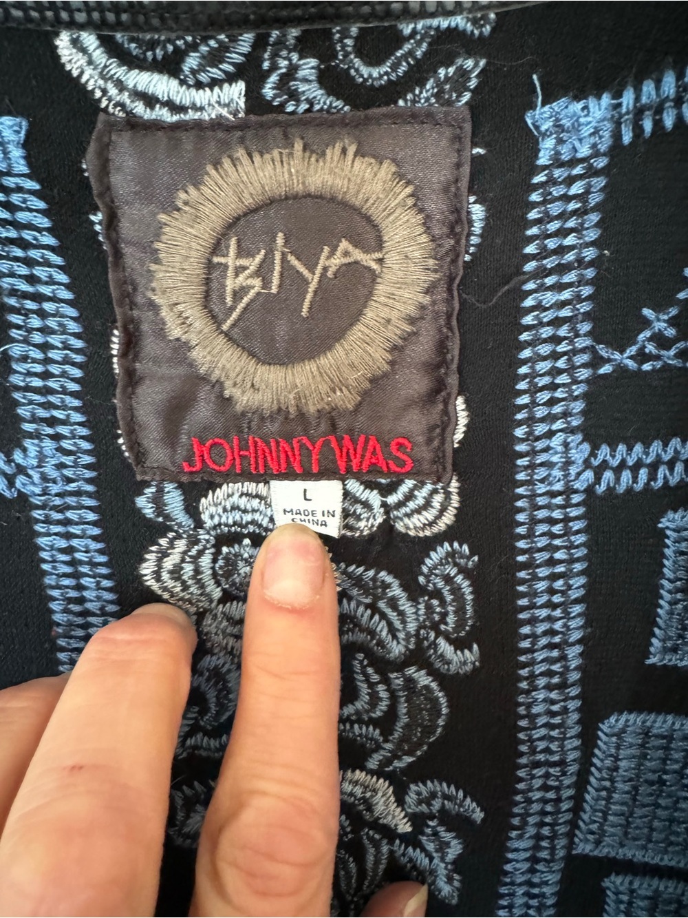 Johnny Was Black Draped Cardigan with Blue Geometric and Multicolor Floral Trim - Picture 3 of 11